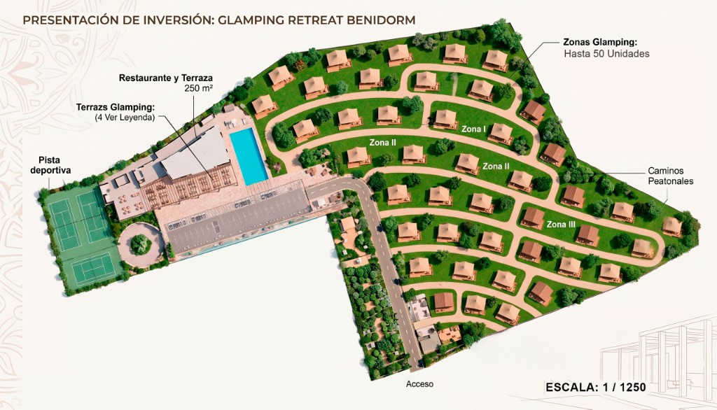 Datos según el plano de proyecto a escala 1:1250 y el dossier del activo. 43 cabañas en plano vigente, con corredor de ajuste hasta 50 unidades.