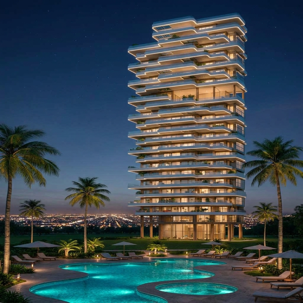 Torre Murtal — fachada y zona de piscina de noche